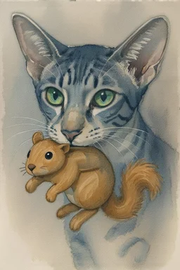 close up portrait of a airbrushed watercolor 26 chalk, a oriental shorthair blue and white tabby cat, with white face and vivid green eyes, playing with a brown and tan stuffed toy squirrel. He has it in his mouth. the background is soft tones of gray and beige.