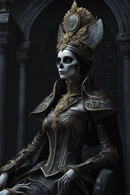 a beautiful skeleton woman dressed in a queens attire, queen of the underworld, intricate, detailed, . sideway pose, living dead, morbid, unholy, a living dead, fantasy, extremely intricate, cinematic, hyper realistic, hyper detailed, cinematic, absurdnes, 4k, 8k, UHD, HDR, octane render, unreal engine