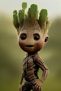 Groot toddler, red, serious, full body, bokeh, hyper realistic