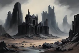 water painting of a dark creepy fantasy mausoleum ruins in the distance on top of a very large barren rocky hill with black obsidian pillars