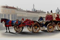 Fiacre, landauer carriage with two horses in Vienna. Pencil sketch. Old paper. Colours