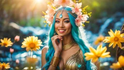 Close-up portrait of a gorgeous smiling skinny polynesian goddess with a golden dark shining skin, long smooth clear turquoise blue white hair, blue eyes, in a sci-fi outfit with luminous strikes blowing a kiss in a hill of flowers with sakura trees, a small torrent, loads of mini flowers, moss, sun rays through the branches, particles in the air at spring