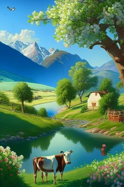 countryside, morning, sun, mountains, green, flowers, cows, clear sky, river, apple tree, basket, sky, grass