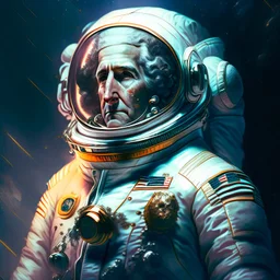 Portrait of George Washington in a space suit in the style of Jim Lee and Paul Hedley, Gabriel Testino, 8k, cinematic, ultra hd, sharp focus