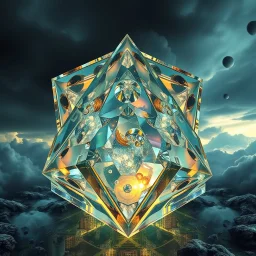 Dynamic hypnotic fractal 3D Pyramids pentagonal Symmetry and morphing between organic and geometric forms , smooth translucent iridescent glass with inner glow and bubbles, varied transparent materials, stormy skies, intense dramatic