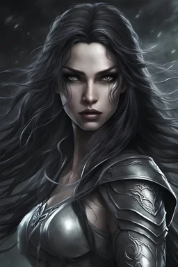 A female elf with skin the color of storm clouds, deep grey, stands ready for battle. Her long black hair flows behind her like a shadow, while her eyes gleam with a fierce shiny silver light . Despite the grim set of her mouth, there's a undeniable beauty in her fierce countenance. She's been in a fight, evidenced by the ragged state of her leather armor and the red cape that's seen better days, edges frayed and torn. In her hands, she grips two swords