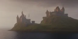 a castle floating in the middle of an ocean, gloomy