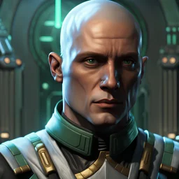 star wars bald male corellian jedi pilot wearing black and olive drab old republic armored flightsuit with gold trim inside the jedi temple holding a lightsaber with viridian green blade in left hand, centered head and shoulders portrait, hyperdetailed, dynamic lighting, hyperdetailed background, 8k resolution, volumetric lighting, light skin, fully symmetric details