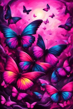 vibrant psychedelic oil painting image, airbrush, 64k, cartoon art image of background HOT PINK and BLACK BUTTERFLIES , futurism style