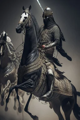 A full-body Arab warrior, raising his sword upwards, and riding his horse, who stands proudly in front of a group of Arab army, a dark background, a black horse, and dressed as an Arab warrior. Complex details, realistic, vivid image, cinematic atmosphere, dynamic shot.