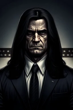 American president of the future with dark long hair and looking powerful