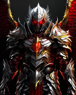 silver and gold armor with glowing red eyes, and a ghostly red flowing cape, crimson trim flows throughout the armor, the helmet is fully covering the face, black and red spikes erupt from the shoulder pads, crimson and gold angel like wings are erupting from the back, crimson hair coming out the helmet, spikes erupting from the shoulder pads and gauntlets, sitting on a throne of skulls