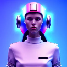 woman teenager, army helmet, retro futuristic, Bang & Olufsen, leather dress, gradient color, BLUE, PINK, CYAN, neon, insanely detailed, 16k resolution, perfect eyes, cinematic smooth, intricate detail