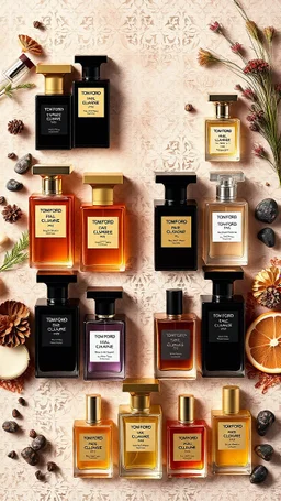 Professionally designed image of all kinds of Tom Ford brand colognes in an attractive and special background and the elements used in their creation.