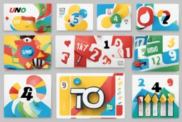 Create a vibrant and engaging image for Uno cards themed slides. Include iconic Uno card elements such as colorful numbers (0-9) and action cards (Skip, Reverse, Draw Two, Wild) of colors blue, green, yellow and red. Use a balanced composition and vibrant color palette to make the image visually appealing for presentation slides.