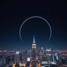 a city scape with skyscapers in a bdarkblue stary sky at background ,with a huge vertiacal ring structure like a lens zoom on midle-city