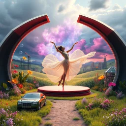 Dynamic cifi country side ,hypnotic of 3D structures Symmetry twisting and morphing between cifi plants , cifi flowers and metal geometric 3d structures buildings ,cifi cars, and an open cifi stage with a beautiful lady dancer in stage,a future pretty lady singer presenting in a big tv screen her art performance in it,smooth translucent iridescent glass with inner glow and bubbles, varied transparent materials, stormy skies, intense dramatic a beautiful balerina is performing
