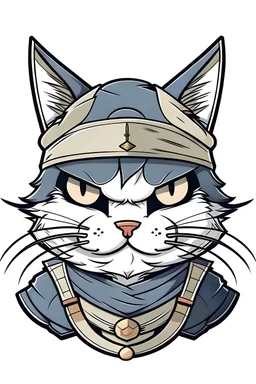Cool Samurai cat, head only, front view, anime style, flat colors, no background colors