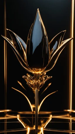 Crystal black tulip satanic element shape, glass golden neon, cool gold, delicate science and technology sense line, black background, movie sense, HD, detailed light, cinematic, high detail, 4k, cyberpunk, 3d rendering, 32k , hyper detailed, magical and epic, epic light, the most perfect and beautiful image ever created, image taken with the Sony A7SIII camera, many details 8k speed effect (cinemagraphs) Phi Phenomenon (Mark Wertheimer)