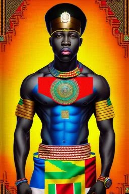 avenger in Kente costume portrait, cinematic, ghana colours, african pattern, engraved, high detail