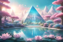 a futuristic city in soft and bright and intens pastel tones, trees around a square and only one crystal pyramid that reflect the sun. Flowering shrubs are in the foreground. A turquoise lake in the center with lotus flowers. There are iridescent particles of light in the sky, very fine rays of light in blue and white colors.in the distance small forest, lots of fine details, extremely sweet sharp details, gentle, sweet ,and spiritual atmosphere, cinematic, color grading, editorial photography,