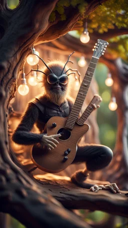 portrait of hairy rock guitar ninja spider living inside a tree house in a hollow huge tree growing light bulbs,bokeh like f/0.8, tilt-shift lens 8k, high detail, smooth render, down-light, unreal engine, prize winning