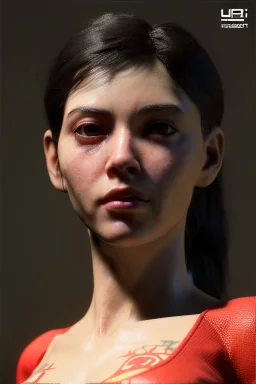 Ultra Realistic image, 25 years old brunette woman, Madrid, portrait, small stature, 1,54 cm tall, 50 kg weight, too small chest, yakuza body tattoo, vibrant color, highly detailed, art stations, concept art, smooth, unreal engine 5, god rays, ray tracing, RTX, lumen lighting, ultra detail, volumetric lighting.