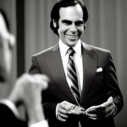 Tom Snyder in a suit leaning forward as he interviews someone, 1980s