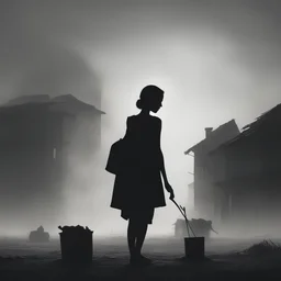 Crie uma representação visual que capture a exaustão enfrentada pelas mulheres devido à carga tripla de trabalho, especialmente no contexto do trabalho invisível de cuidado no Brasil. A imagem deve transmitir a sensação de esgotamento físico e emocional. Apresente a silhueta de uma mulher em meio a uma atmosfera pesada, com expressão facial cansada e postura curvada. Integre elementos que simbolizem as múltiplas responsabilidades, como crianças, afazeres domésticos e possivelmente um ambiente de