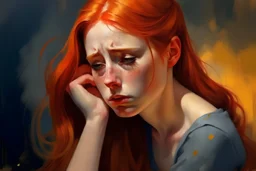 Painting of sad Redhead young woman queen