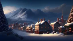 christmas time,snow in the background , a town with christmas decorations in the backround, a mountains or hills in the background 18k resolution realistic look