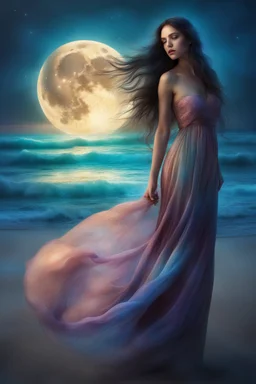 Creëer een mooie realistische Fantasie art, mooie vrouw, standing on the beach in a long dress, long dark hair,, soft lighting, vibrant colors, ethereal, dreamlike, nature-inspired, romantic, whimsical, fantasy art, peaceful, enchanting, surreal, atmospheric, natural elements, moonlight filtering