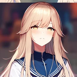 Clear focus,8k,Beatiful Lighting,Beatiful Blur,Beatiful Face,Beatiful Shading,Amber long hair,fluffy hair, long fluffy bangs, Cyan eyes, wearing a sailor uniform, Extreme Close Up