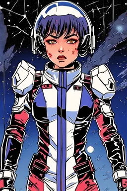 90s old school anime illustration, sci fi, portrait of a tough female space Captain girl, beautiful symmetrical face, Androgynous, pixie style haircut, sparkling or glittering black hair, pixie cut, blood splattered on her scared, rattled and shook face, space uniform is tattered and ripped with dripping blood, as if she just escaped torture, depraved art, junji ito style, pulp science fiction aesthetic, rotoscoping, violent background and undertone, space battle, feminist art, japanese horror