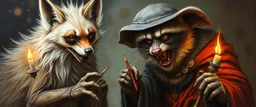 master oil painting with some air brush, fluffy hyena fox vampire priest racoon gremlin realistic and creepy, straight from the lich lab, in the style of Escher and Titian