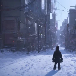 foto tirada por tras de um homem solitário sentado no chão, nas ruas de tokyo, na neve na noite de natal pós apocalipse