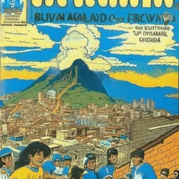 A 1980 medieval london comic cover of uruguayan sky-blue football magazine. At the street city, Monty Pyton. Favelas. Volcano.