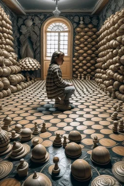 small man inside huge sea shells and on the floor is a huge chess board