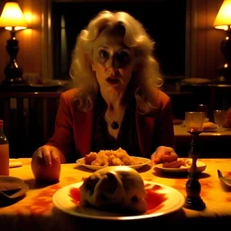 Spooky, ultra realistic distress, dining, ultra realistic hot woman, meat, organic hot blondes, dynamic, anguish, excited and lively scene, hypermaximalist spot, Creepy the Ring Alfred Hitchcock, Sam Raimi, insanely detailed, sinister, John Carpenter, Dario Argento, ornate