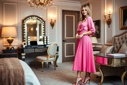 very beautiful lady with beautiful pink midi skirt and blouse standing in a luxury bedroom with high heels next to makeup desk looking to camera
