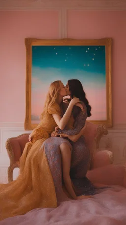 Masterpiece, fine art, award winning, "like Gustav Klimt : the Kiss in a chair" 2 w, RAW photo, eye candy in the style of (petra collins::Robin Eley:1.5), (Suhaila Ben Lachhab::Heidi Moussa:1.5) in breathtaking cinematic shot (full body shot, from below angle) that emphasizes the stunning cheek bones, texturized black hair,(big detailed eyes:1.5) (cottagecore aesthetic:5) with extreme sensuality, Irresistible with (porcelain skin:4.8), sitting on an old chair, retro vintage style