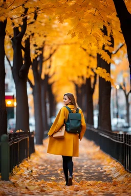 night yellow lights over the street trees autumn leaves under feet ,a Student adult girl with books in her hand walking in street looking to camera