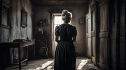 in front of the picture from the back, an old woman in a black and gray vintage dress with white hair in a bun, her standing in little old room, old, village environment, little light, shadow in the corner, dramatic atmosphere, high detailed, sharp focus, high realistic, thriller mood, perfect photo