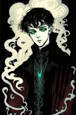 17 year old boy, necromancer, friendly, looks dead, surrounded by weird smoke with eyes, wearing black robes, in the style of Harry Clarke