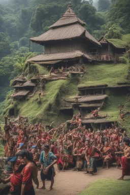 Fantasy place of Happy Torajan people in front of Tongkonan house celebrating something