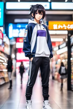 a full body anime in sports wear standing in shopping center