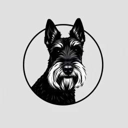 circle containing a black and white image of a Scottish terrier