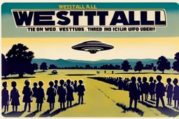 bumper sticker design, westall in bold heading text, ufo 1966, lots of school children looking up in a field, mysterious cool, bold