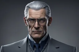 Высокий, сухопарый мужчина лет 50-ти с жёсткими чертами лица, словно высеченными из камня. Седые волосы, зачёсанные назад, и холодные серые глаза, которые кажутся пронзительными, как лезвие. Носит строгие трёхсоставные костюмы (часто тёмно-синие или чёрные) и очки в тонкой металлической оправе. На шее – цепочка с печаткой