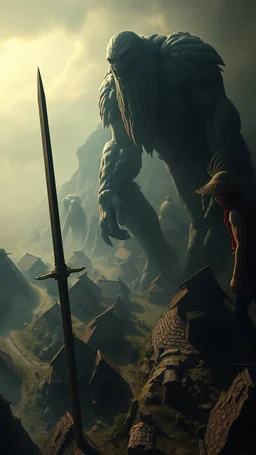 Busch nightmares paining style, thin line draw ,Title:a giant man looks like a hero holding a sword , a top view of a Stone Age village , 8k artistic photography, photorealistic concept art, soft natural volumetric cinematic perfect light, chiaroscuro, award-winning photograph, masterpiece, oil on canvas, Raphael, Caravaggio, Greg Rutkowski, people, beksinski, Giger
